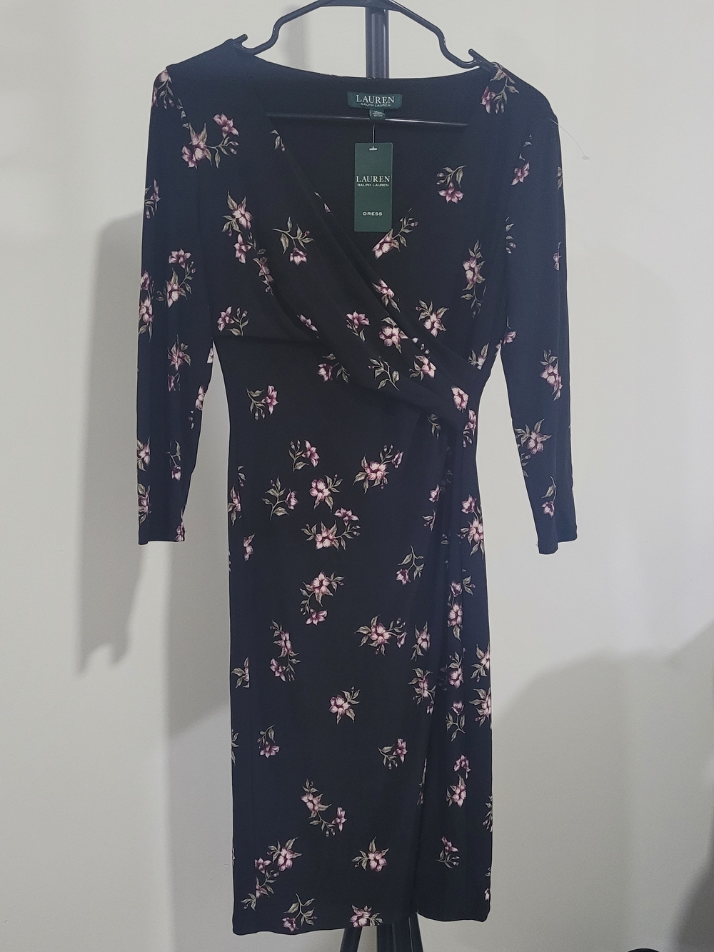 Ralph Lauren Black Floral Faux-Wrap Dress Sz 2 NWT